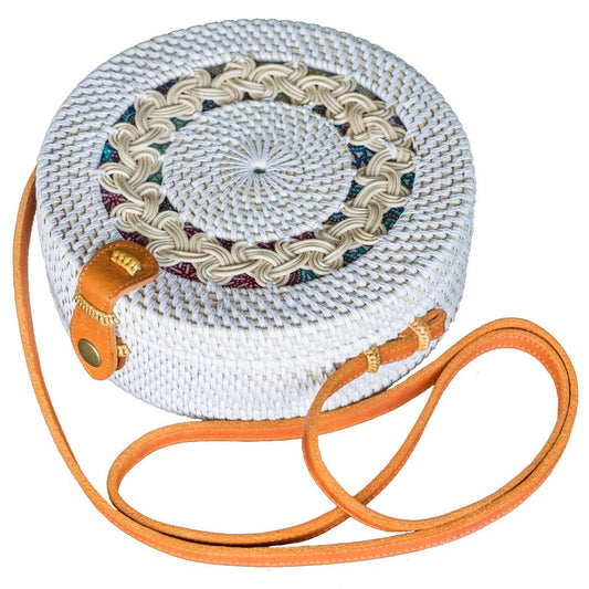 Round Ata Rattan Bag - White Braided