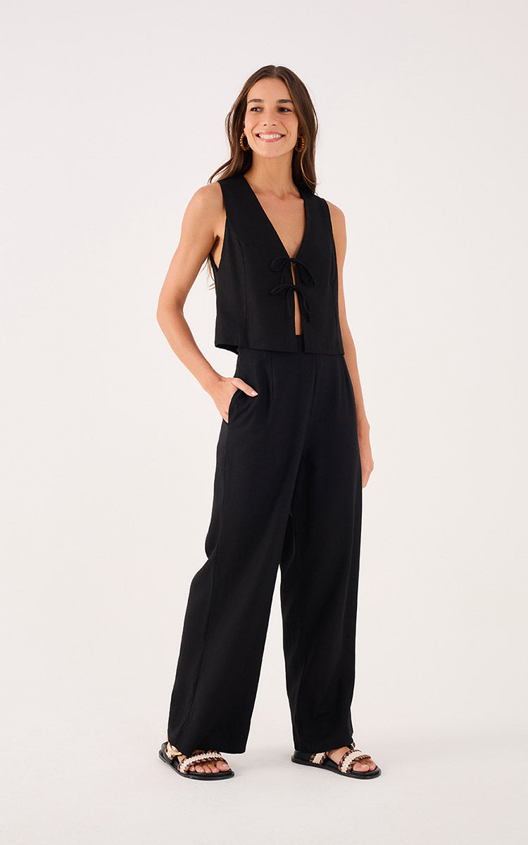 Linen Vest With Ties - Black