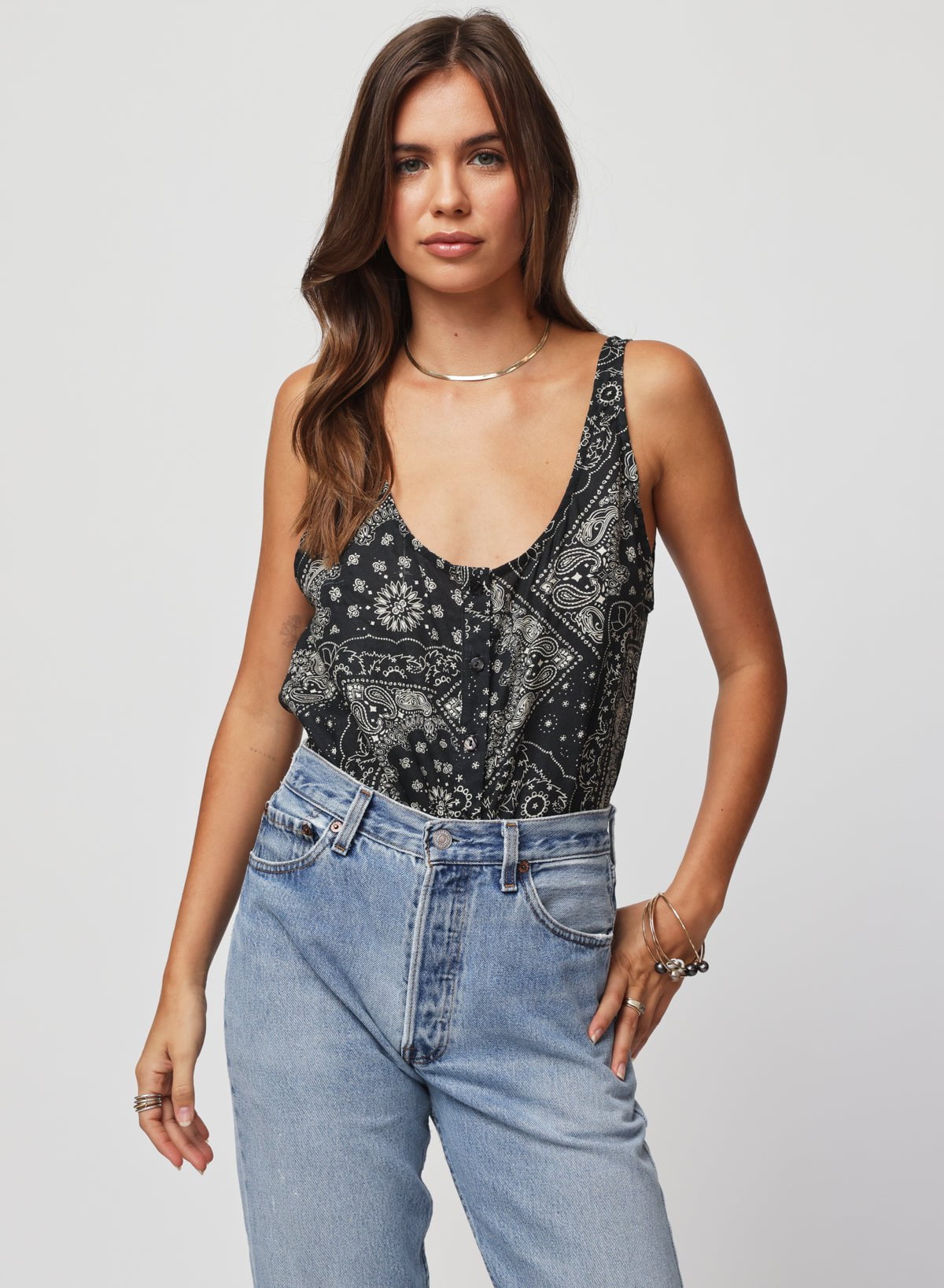 Woman wearing a patterned top