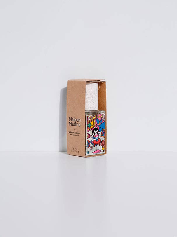 Maison Matine Arashi No Umi EDP 15ml in a brown box with multicolored art, designed for use as a floral fragrance.