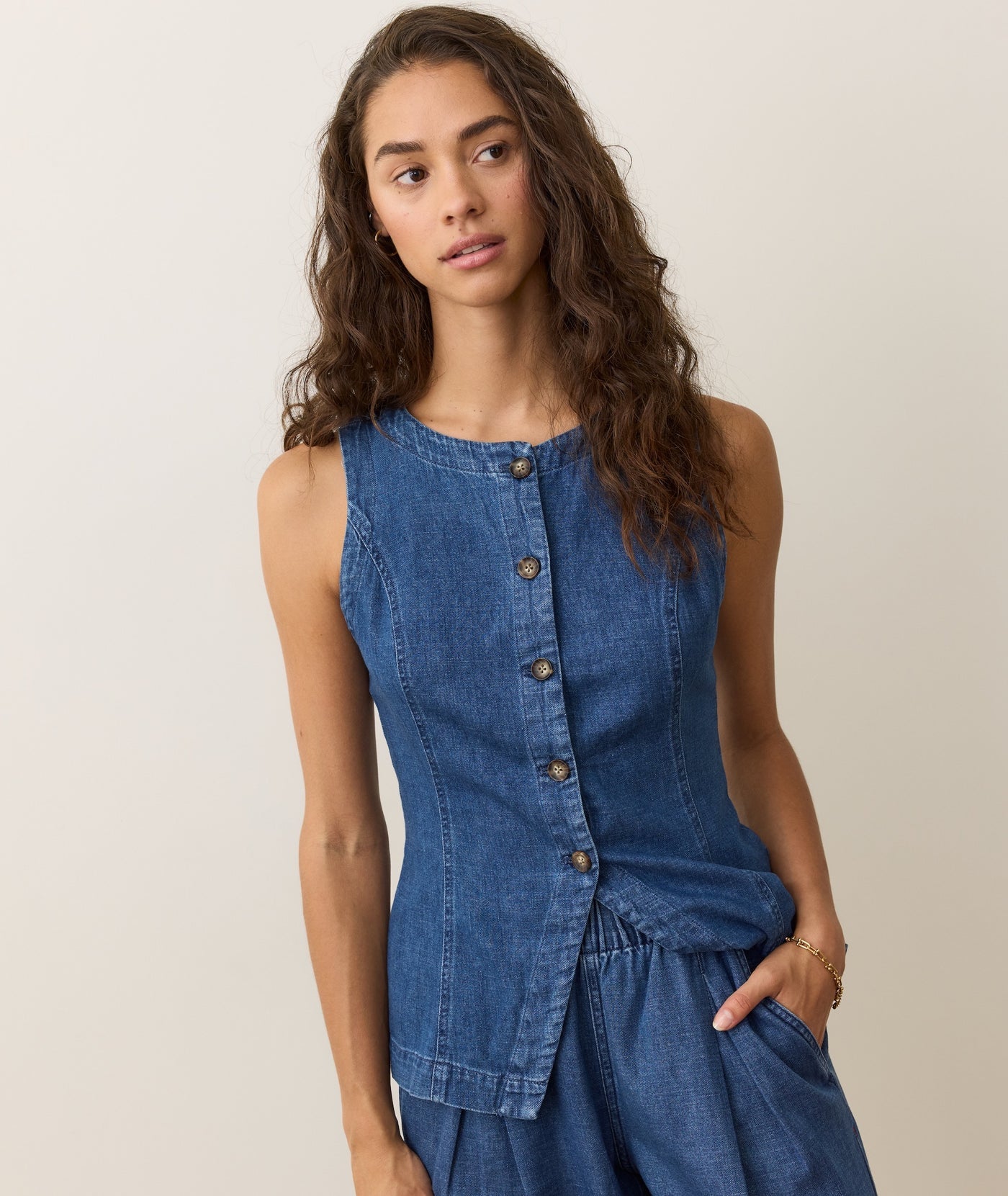 Charlie Longline Denim Vest - Medium Wash