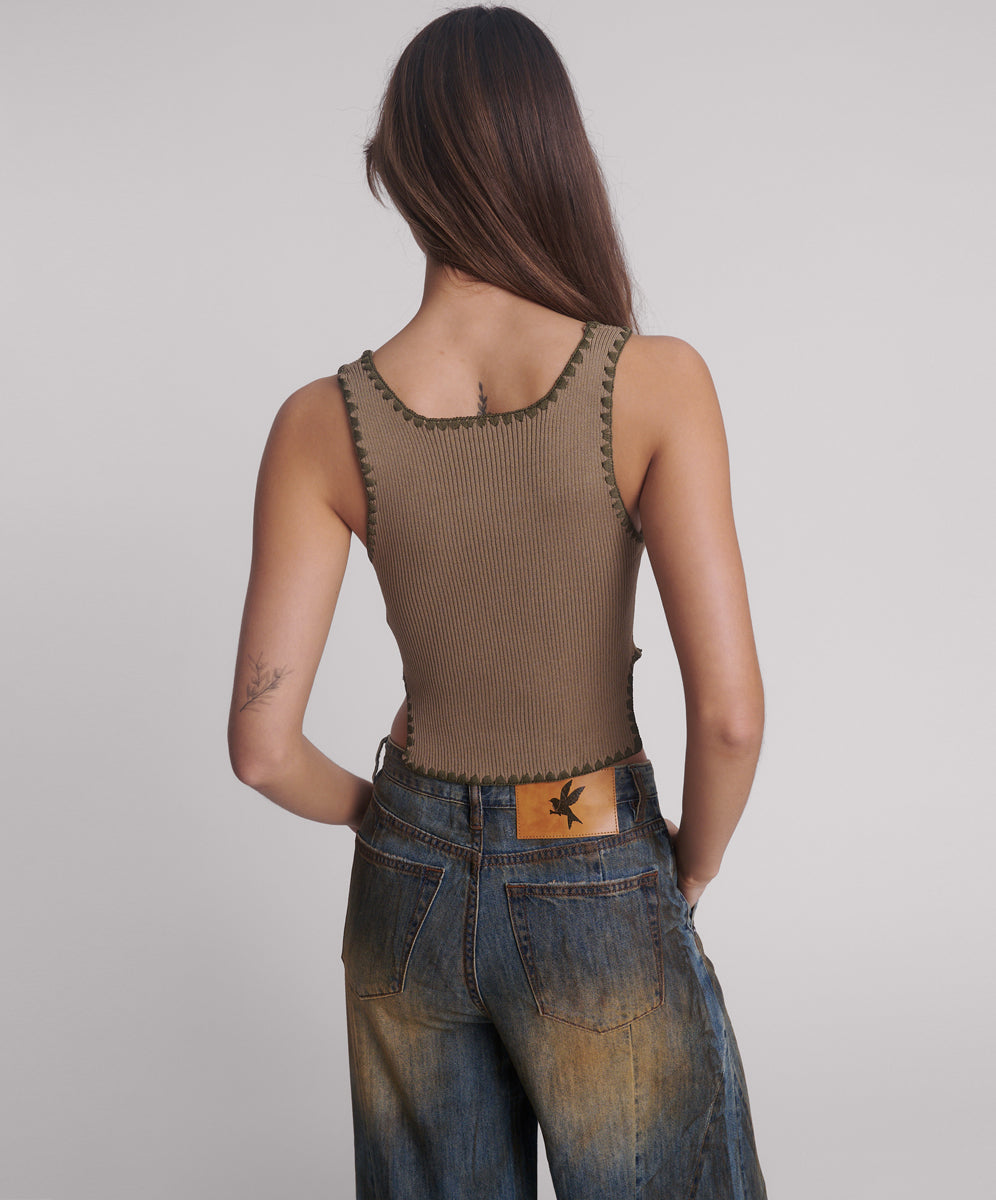 Knitted Scallop Tank Top - Khaki