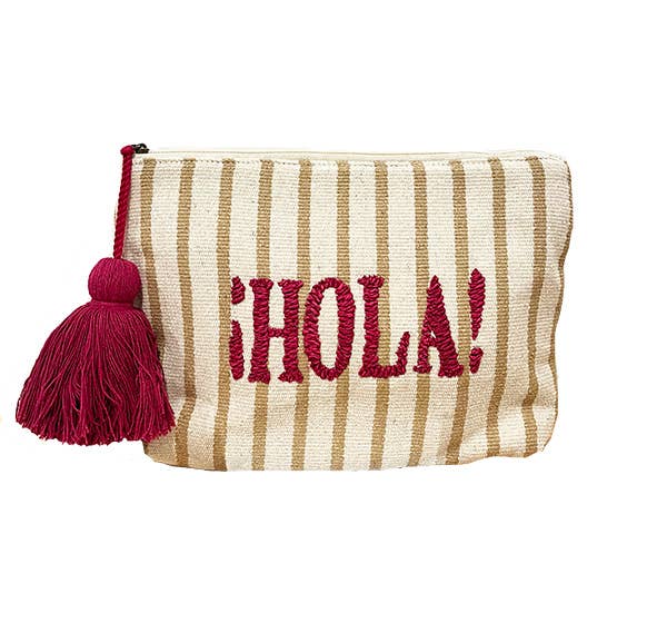 Beige pouch with vertical stripes, red HOLA! text, red zipper tassel; ideal for carrying small essentials.