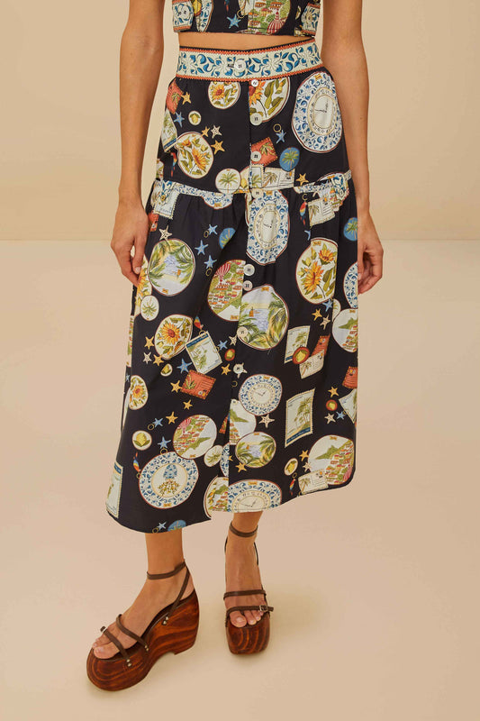 Trip Souvenir Black Mixed Buttons Midi Skirt