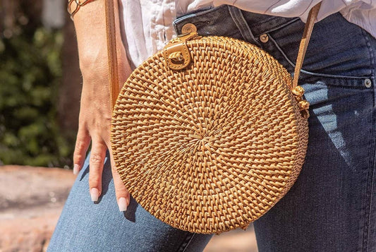 Round Ata Rattan Bag - Brown