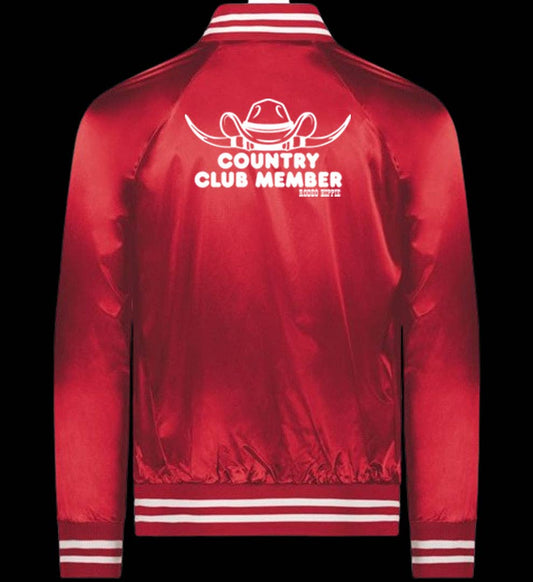 Red satin jacket with white stripes and a cowboy hat graphic on the back; retro western style.