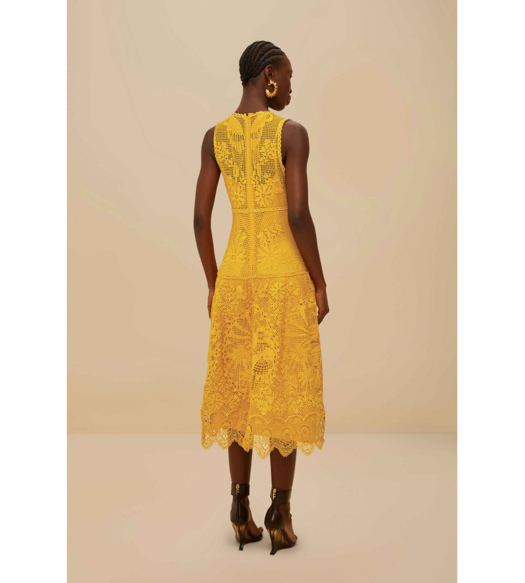 Landscape Guipure Mustard Yellow Midi Dress