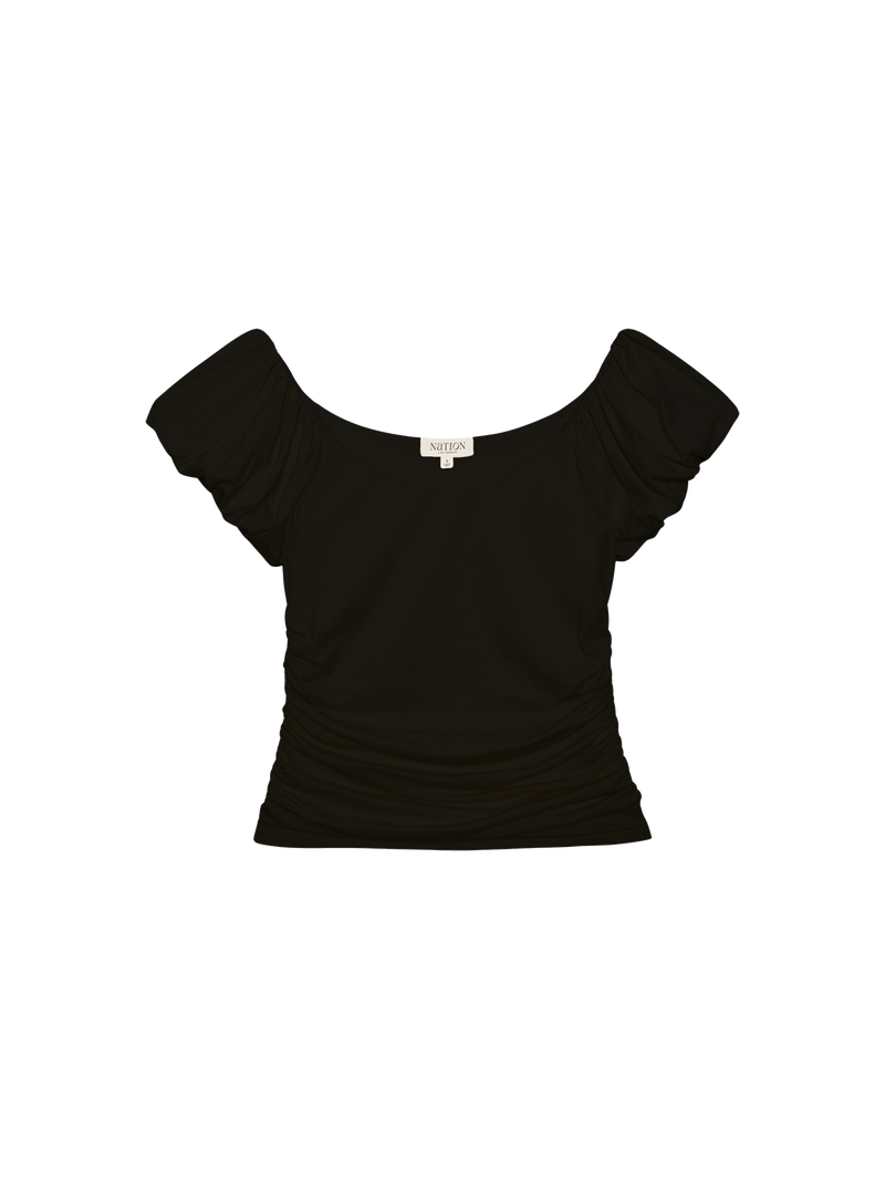 Black off-shoulder top with ruffled sleeves