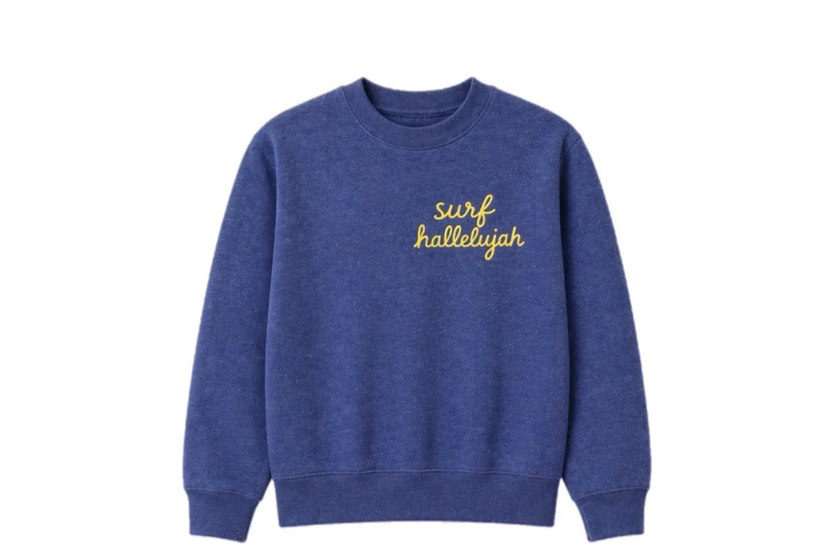 Navy unisex mid-weight sweatshirt with yellow embroidered chest detail, suitable for casual wear.