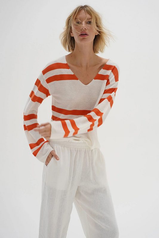 Lucky Sweater- Coral Ivory Stripe