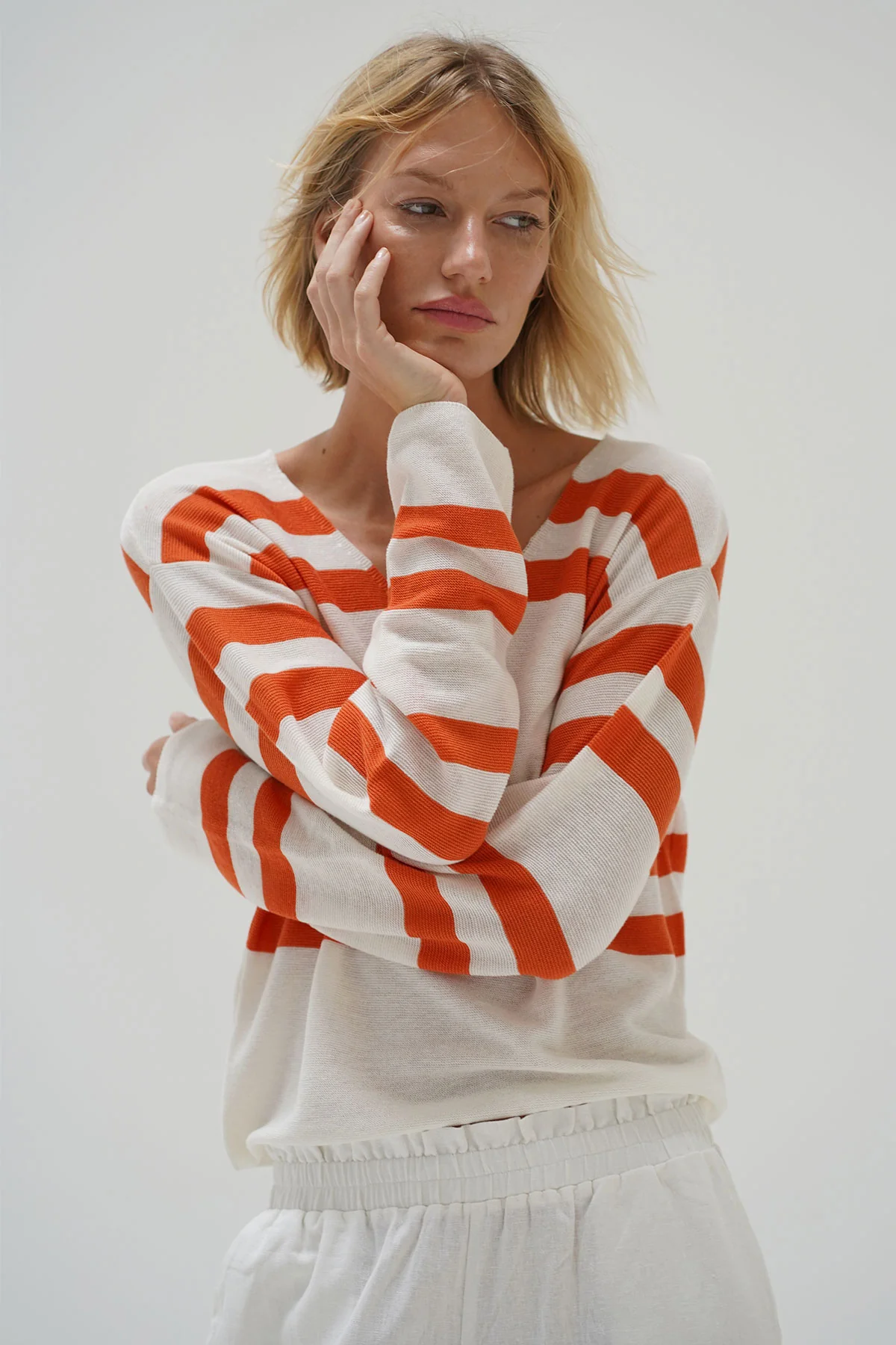 Lucky Sweater- Coral Ivory Stripe