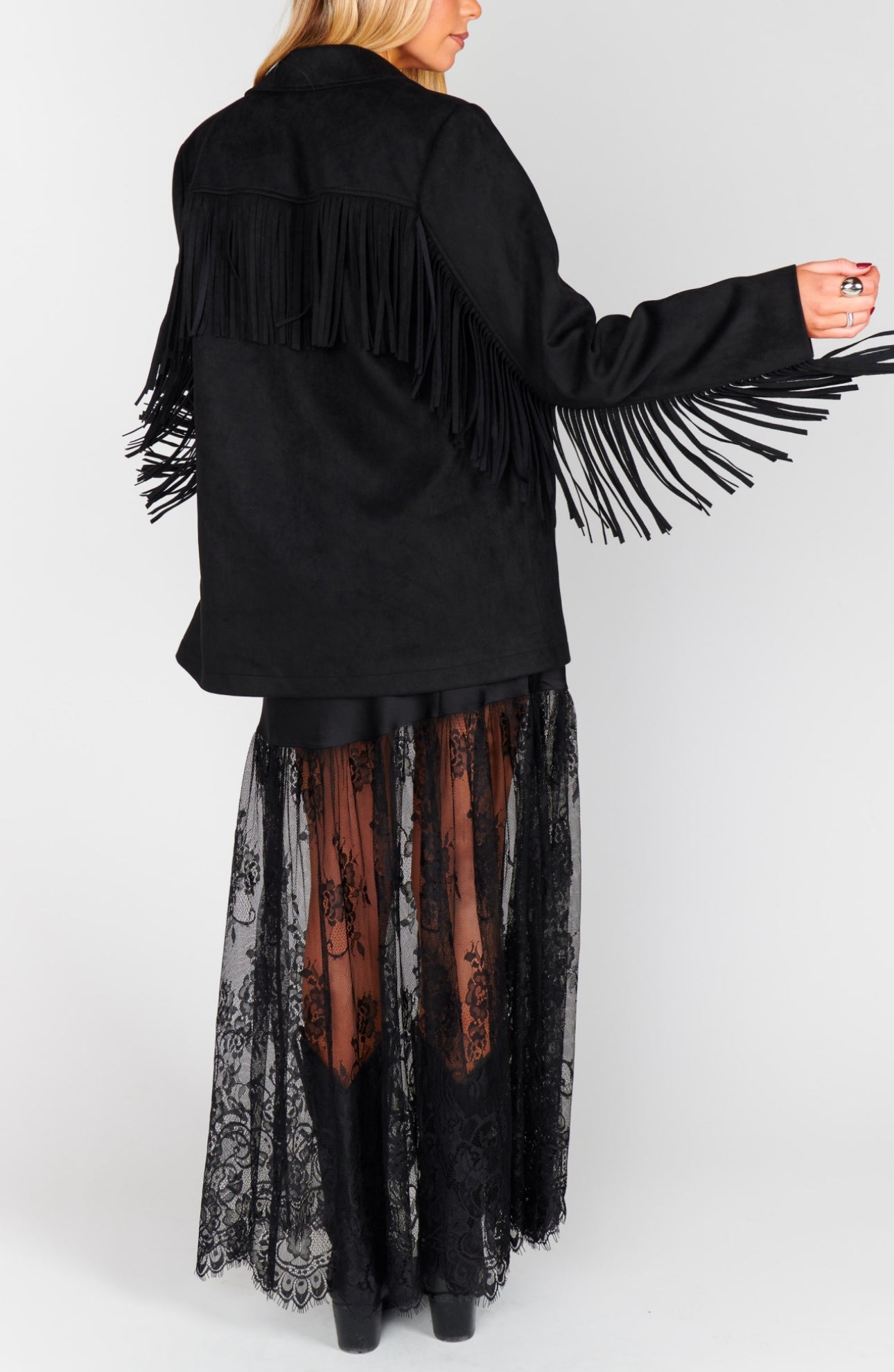 Sierra Fringe Jacket - Black Faux Suede