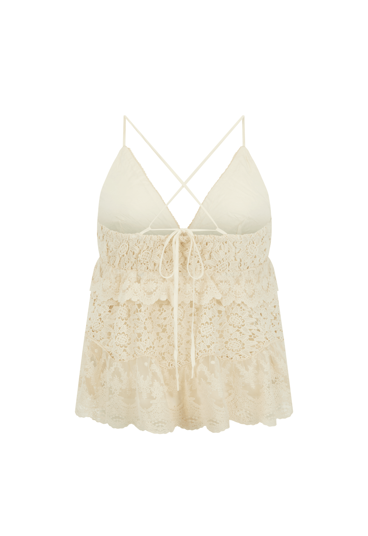 Pearl lace halter top with adjustable neckline, crisscross back, and ruffled hem, displayed on a white background.