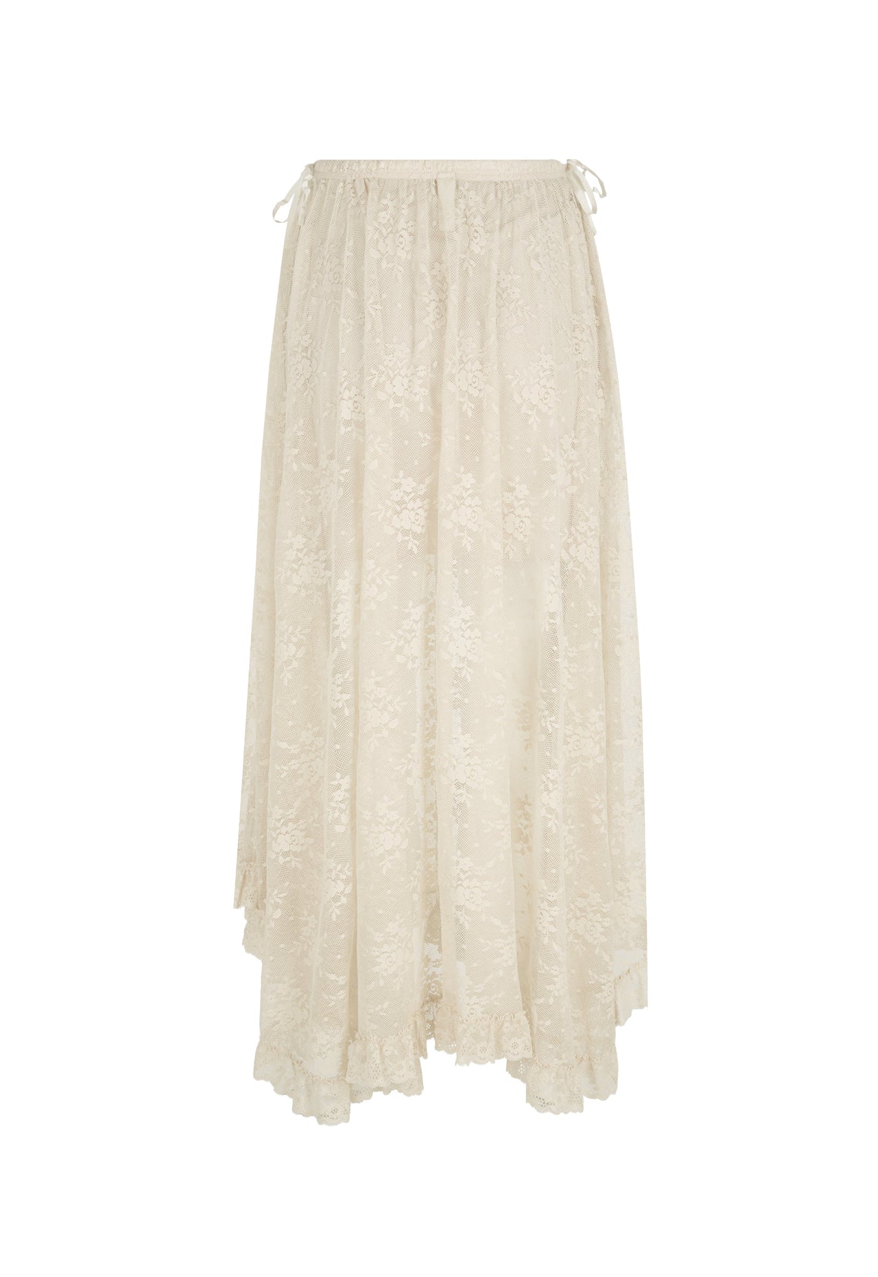Cloud Cream maxi skirt in recycled sheer fabric, gathered waist, flowy design; ideal for layering or special occasions.