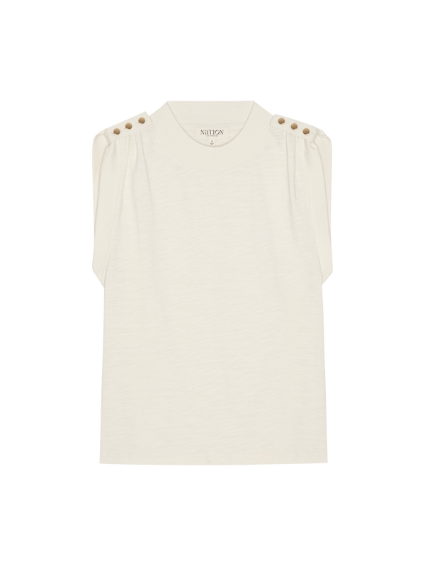 Sleeveless porcelain cotton tank with gold buttons at the shoulder, made from soft Peruvian cotton.