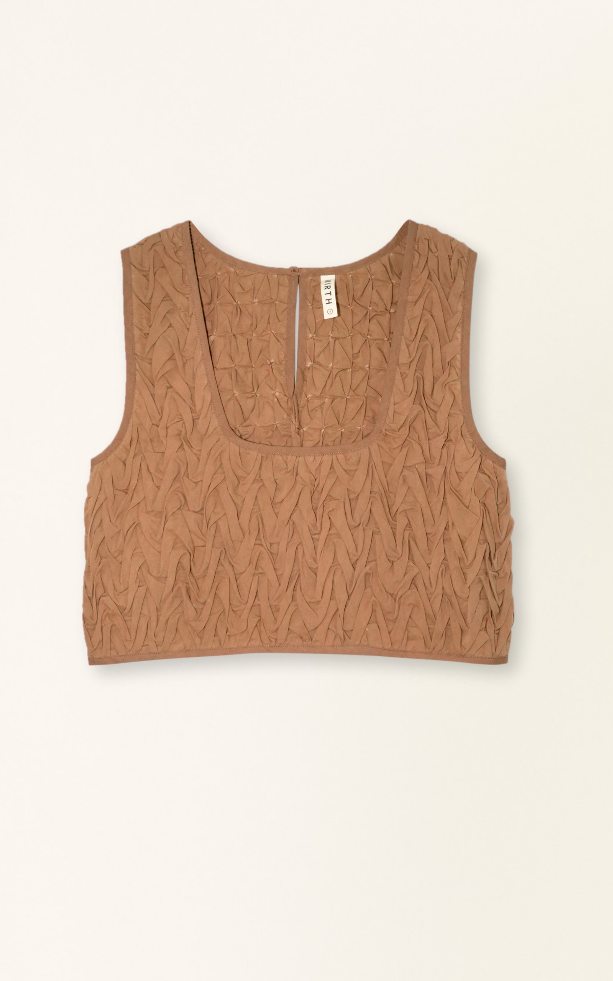 Brown sleeveless smocked top with textured fabric and square neckline, laid flat on a white background.