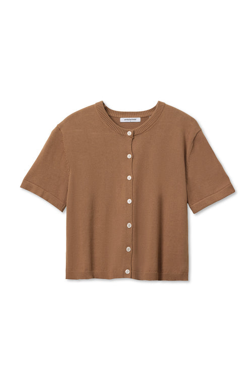 Brown cotton short-sleeve womens cardigan with white buttons. Suitable for layering or standalone wear.