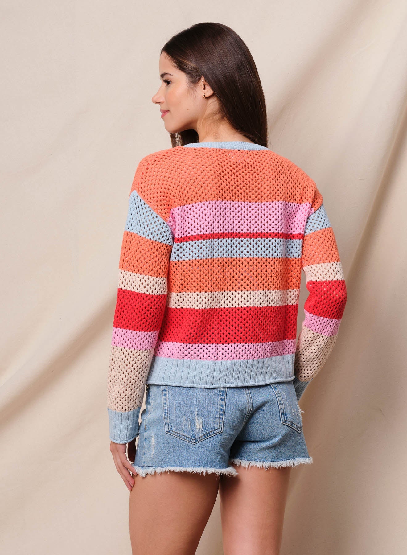 Mesh Stripe Pullover Sweater - Blaze Orange