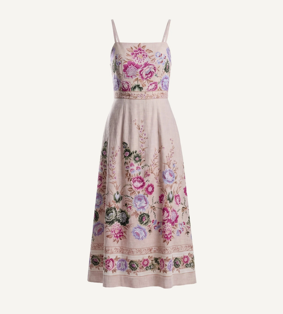 Beige ankle dress with thin straps, featuring pink, purple, and green floral prints; handmade from sustainable materials.