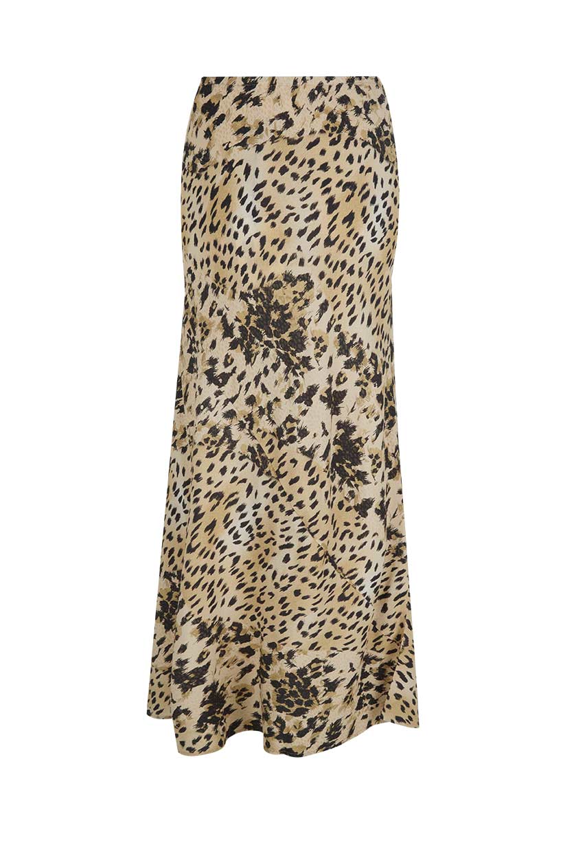 High-waisted maxi skirt with tan and black leopard print on white fabric, suitable for casual or semi-formal wear.