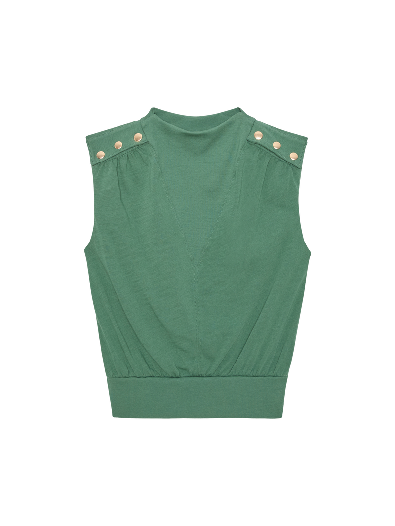 Sleeveless green cotton crop top with textured jersey and gold shoulder buttons, ideal for warm weather wear.