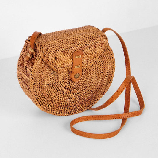Round Ata Rattan Bag with Flap