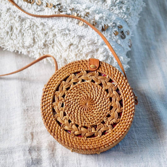 Round Ata Rattan Bag - Brown Braided