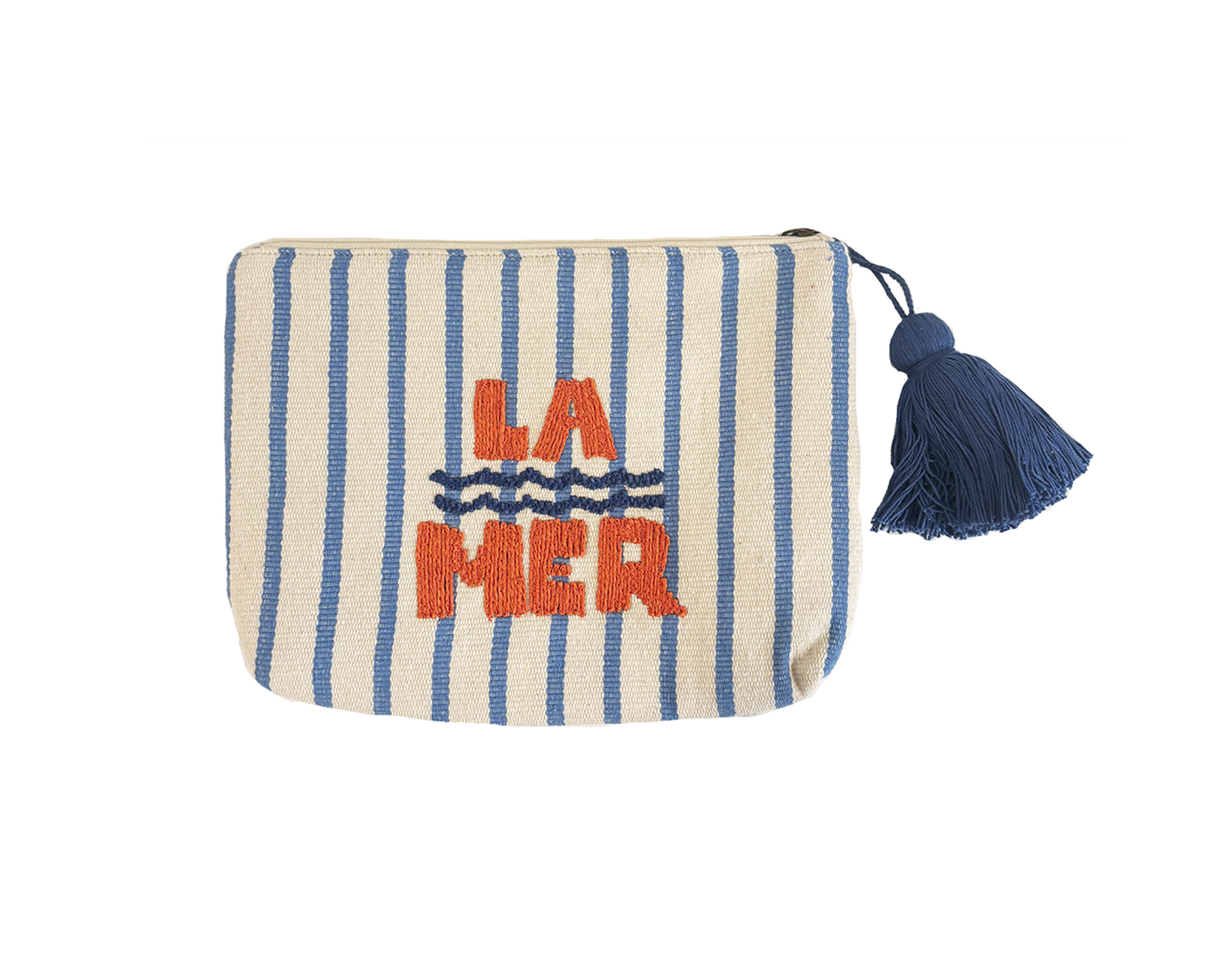 Blue striped cotton pouch with orange LA MER embroidery and a blue tassel zipper; ideal for carrying small essentials.