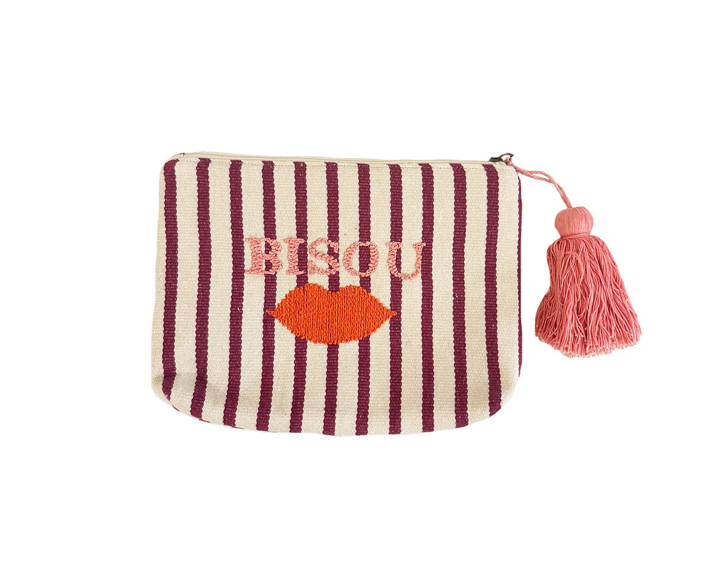 Small striped cotton pouch with orange lips, BISOU embroidery, and a pink tassel; ideal for carrying small essentials.