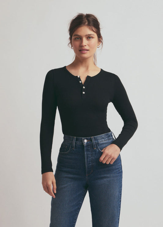 The Henley Ribbed Long Sleeve - Black