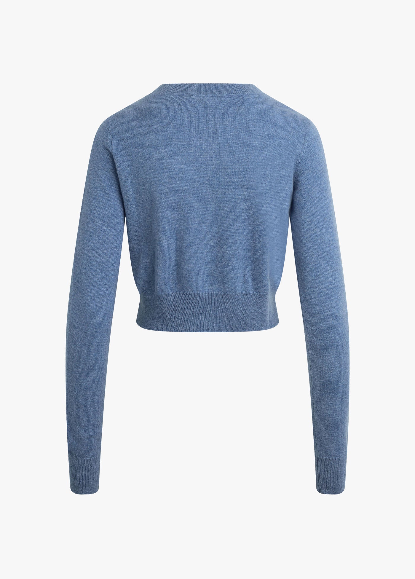 Cropped cardigan in river blue, classic fit with long sleeves, back view; ideal for layering in cool weather.