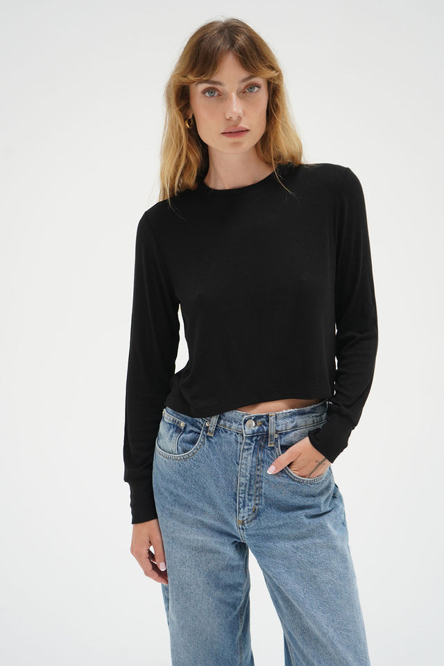 Long Sleeve Ribbed Crew - Black