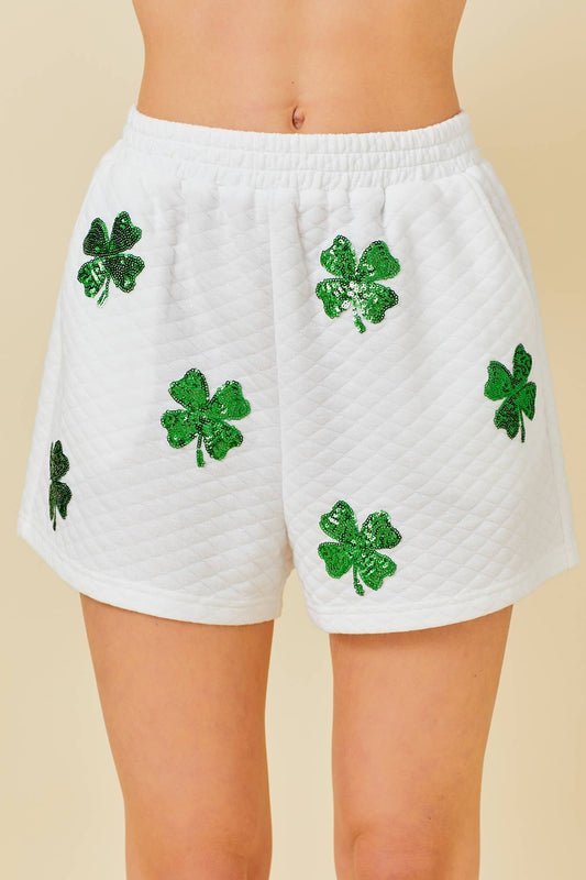 Clover Sequin Patch Shorts - White