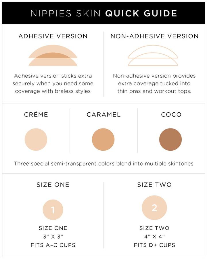 Seamless silicone nipple covers in 3 skin tones, adhesive or non-adhesive, 2 sizes; discreet fit for all cup sizes.