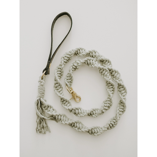 Macrame Dog Leash (Small Dog) - Eucalyptus Rope / Brown Leather Handle