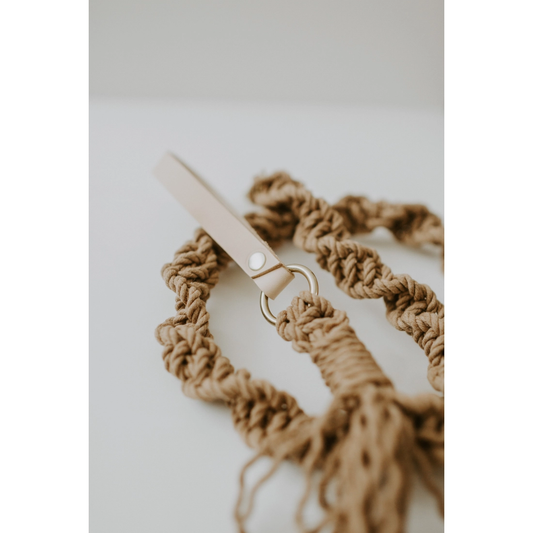 Macrame Dog Leash - Wheat Rope / Brown Leather Handle