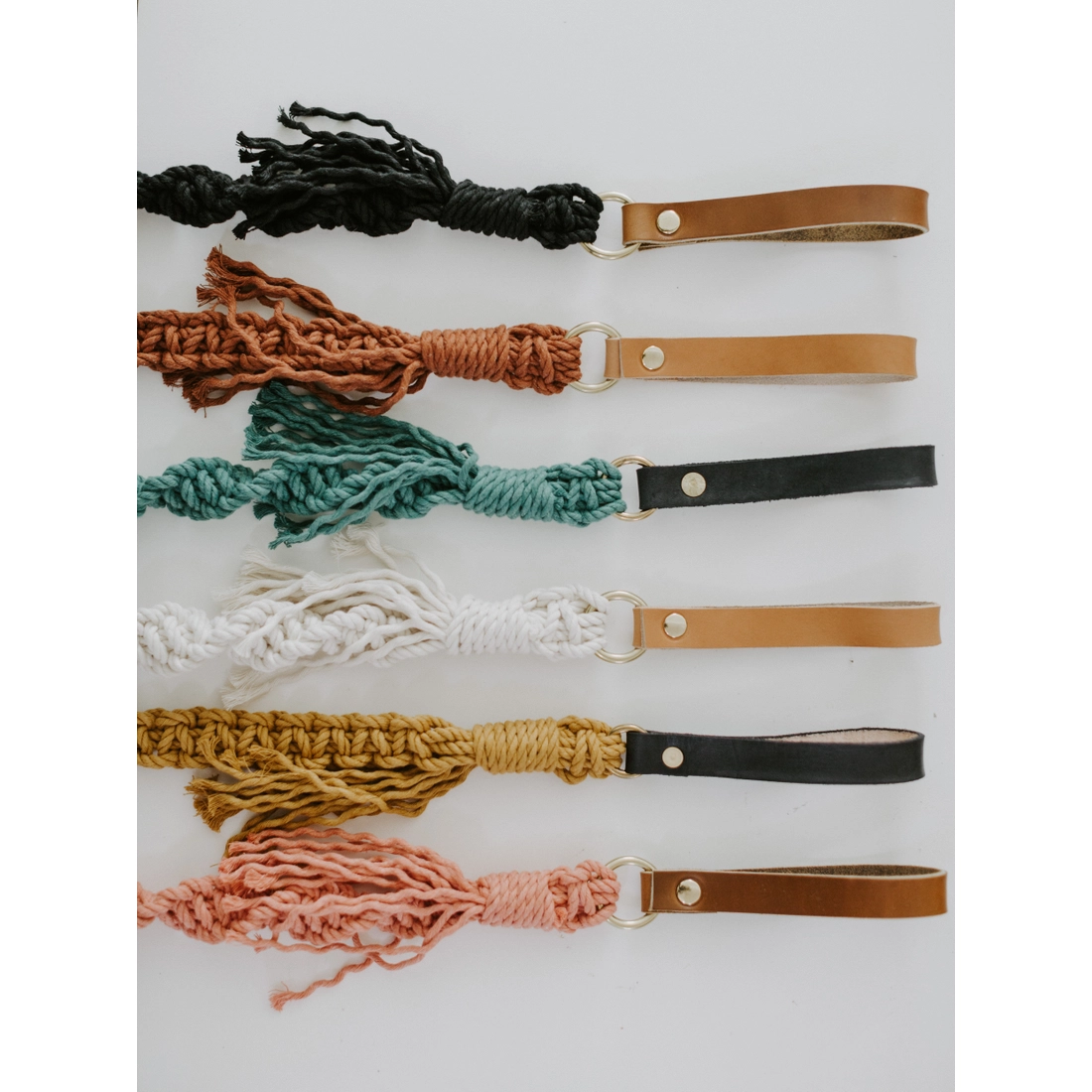 Macrame Dog Leash - Mustard Rope / Brown Leather Handle