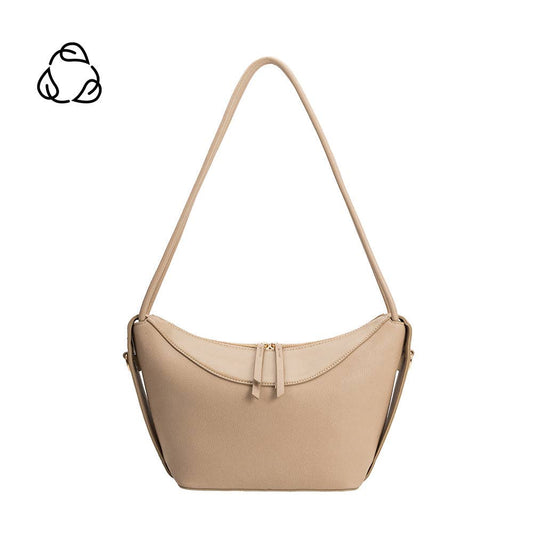 A mushroom-colored recycled vegan shoulder bag with a curved top, zipper closure, and crossbody strap.