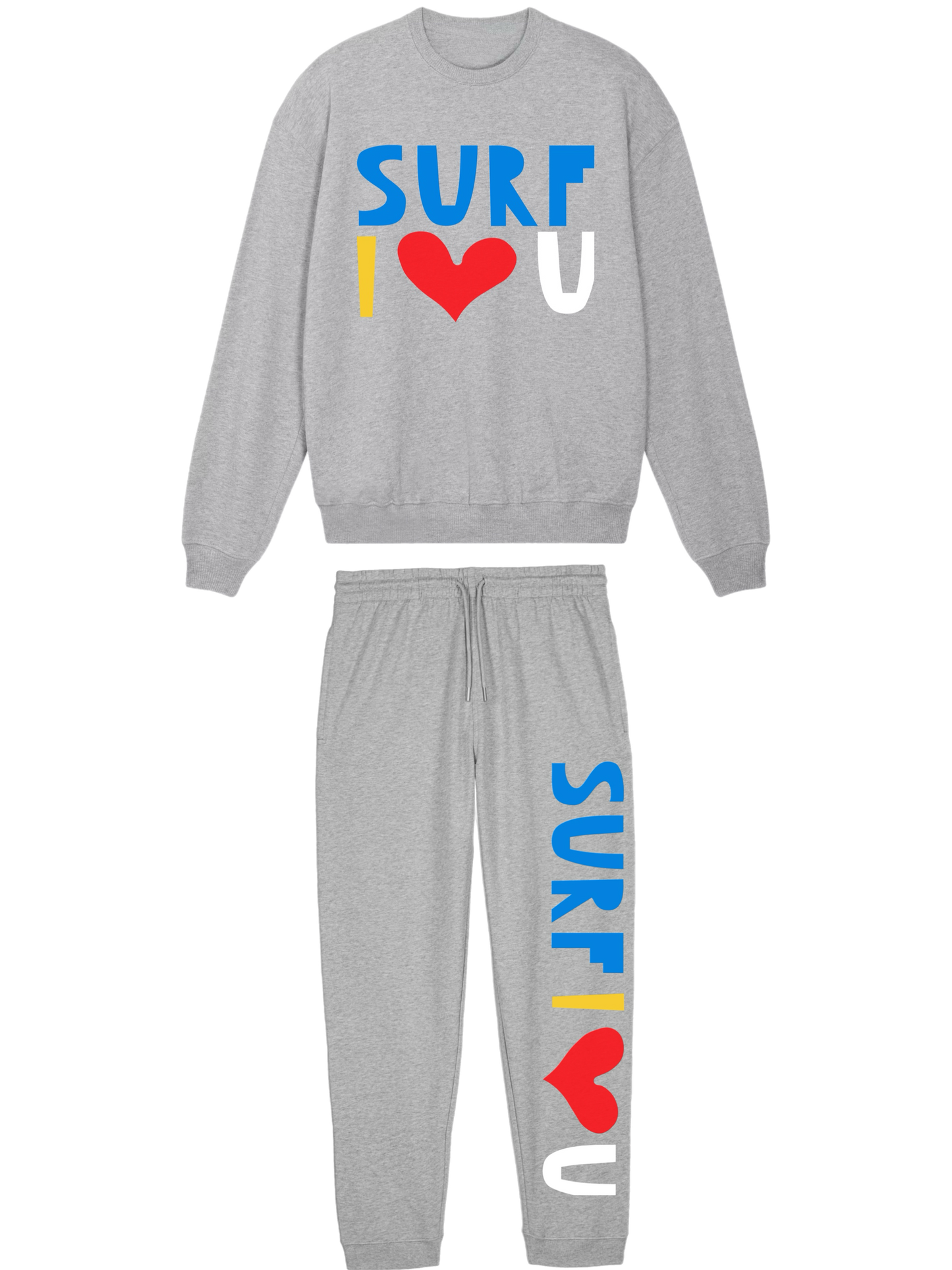 Gray oversized cotton crewneck sweatshirt with Surf I ♥ U in multicolor block letters.