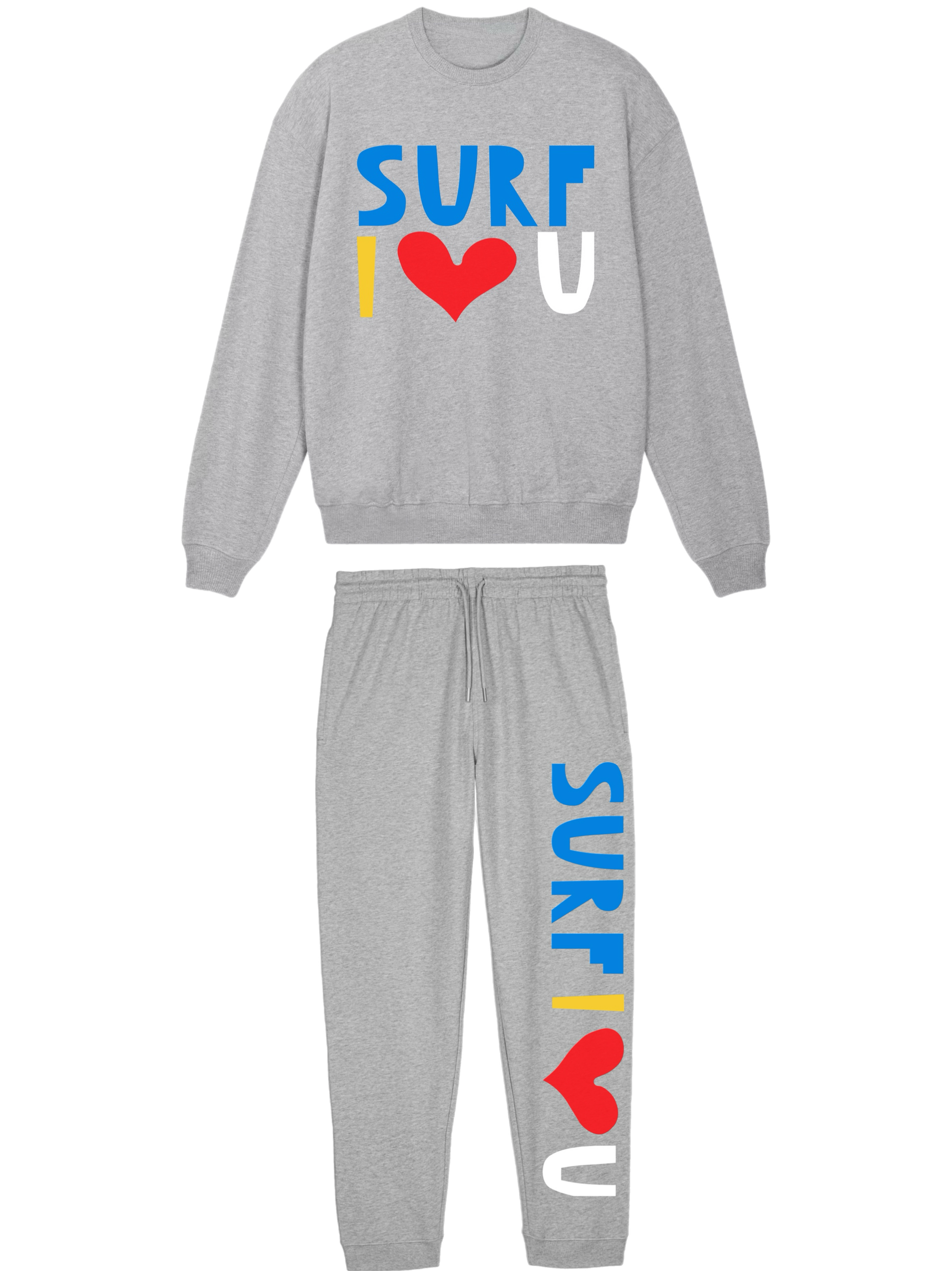 Gray oversized cotton crewneck sweatshirt with Surf I ♥ U in multicolor block letters.