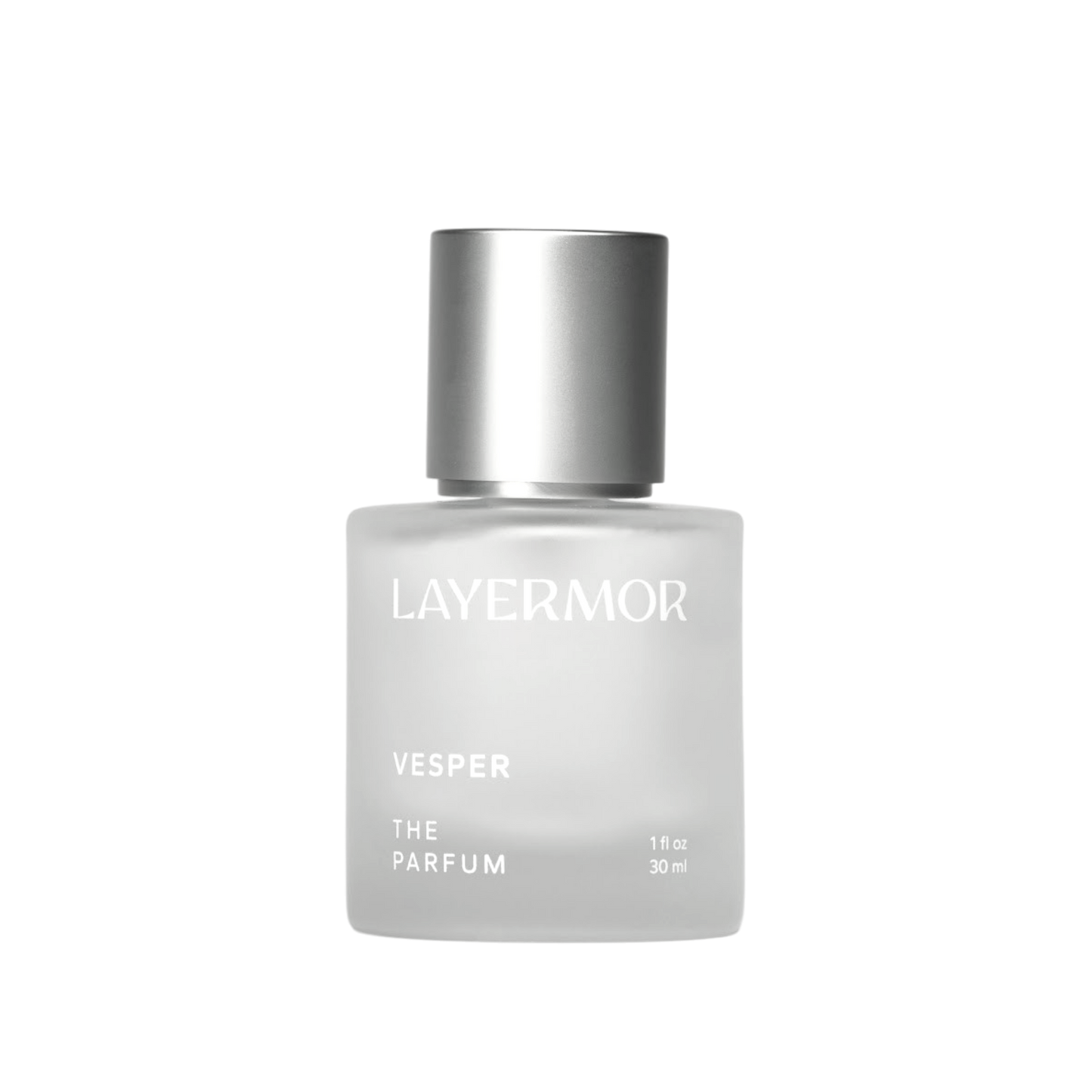 Frosted glass perfume bottle with silver cap, containing Layermor Vesper fragrance for personal use.