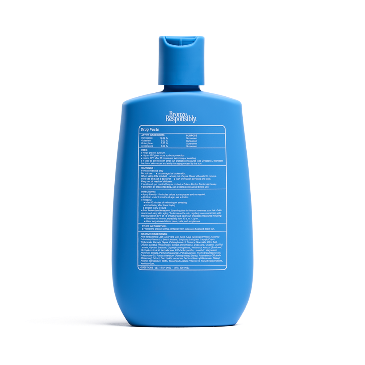 Blue plastic sunscreen bottle with flip cap, labeled SPF 30 broad spectrum protection on the back.