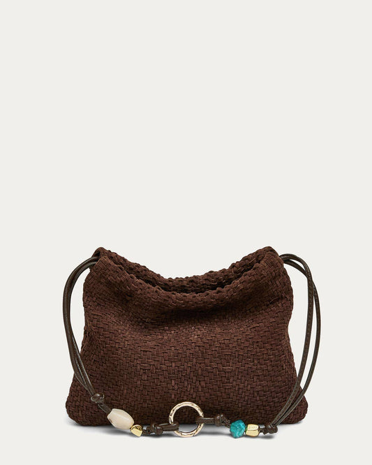 Shoulder bag in fudge woven suede with a beaded charm and metal ring detail on the strap, suitable for daily use.