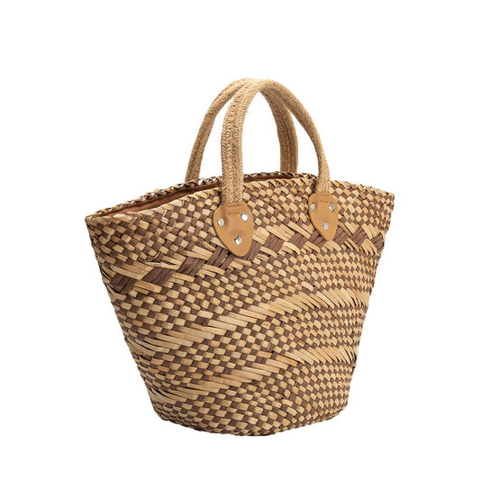 Natural straw vegan tote bag with leather accents, short handles; ideal for summer use.