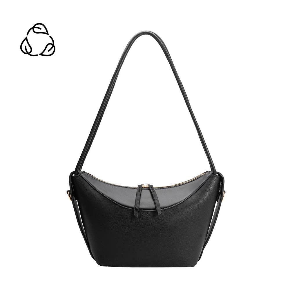 Black recycled vegan shoulder bag with zipper and long strap, shown on white background with recycle symbol.