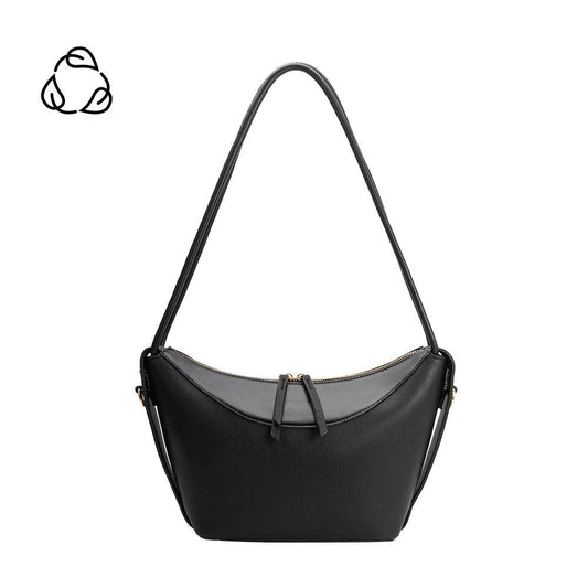 Black recycled vegan shoulder bag with zipper and long strap, shown on white background with recycle symbol.