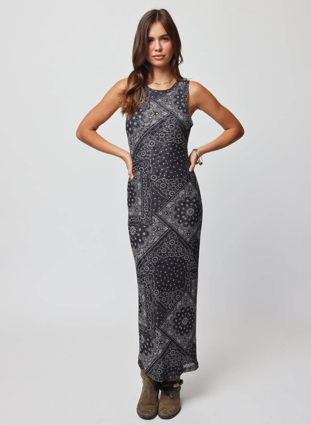 Woman wearing a patterned dress 