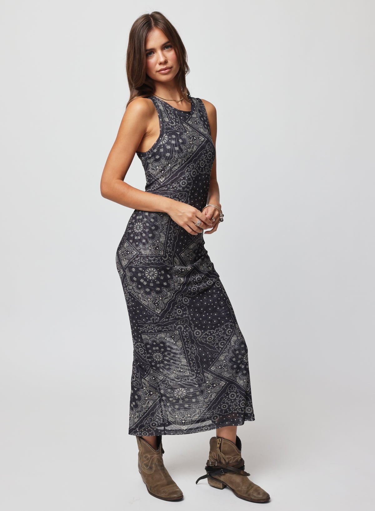 Woman wearing a patterned dress 