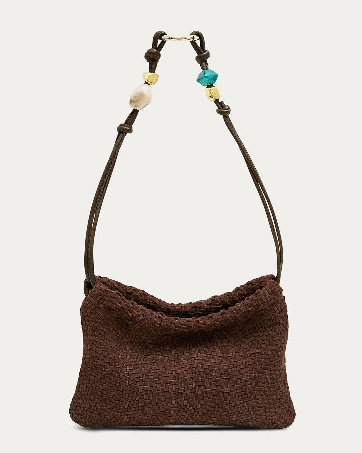 Brown handwoven leather bag with a turquoise and cream beaded strap, suitable for everyday use.