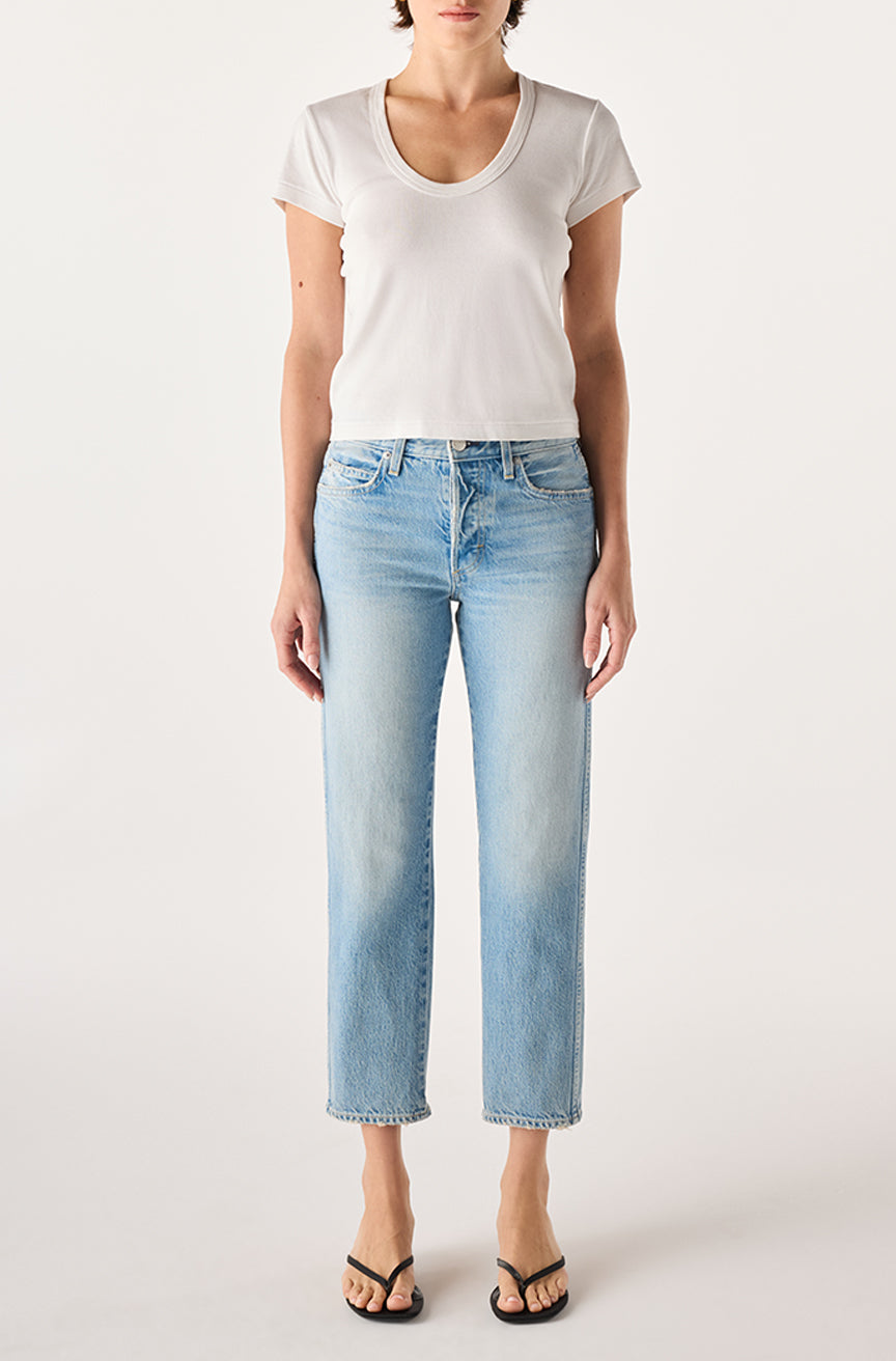 Woman wearing denim blue jeans